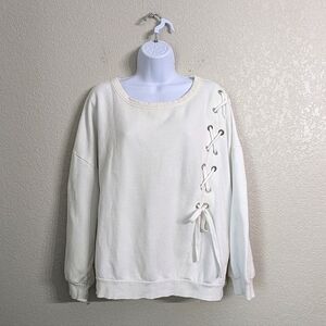 Express One Eleven White Oversized Sweatshirt Lace-Up Side Detail Size L
